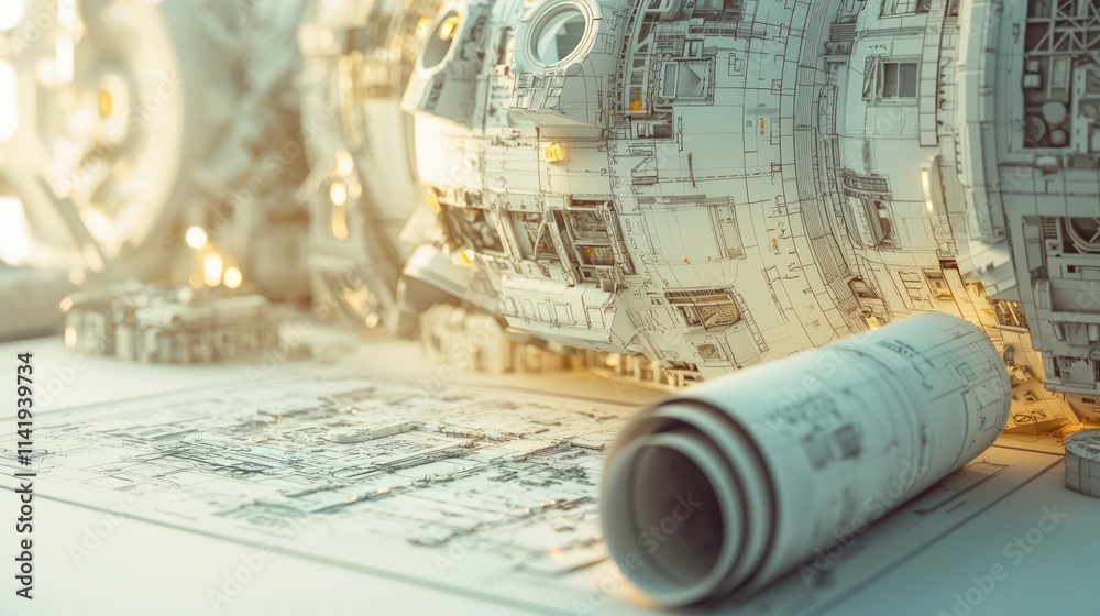 Aufkleber blueprint and model of space station with bright light.