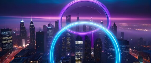 Abstract composition of glowing intersecting rings of blue and purple light representing G signal zones set against a city skyline at twilight