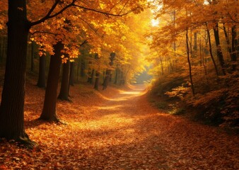 A winding forest path covered in golden autumn leaves, with sunlight streaming through the trees on the upper-right third