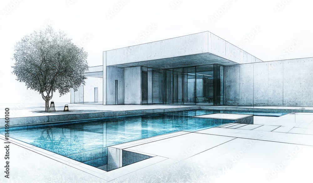 Poster architectural sketch of modern house with pool and tree.