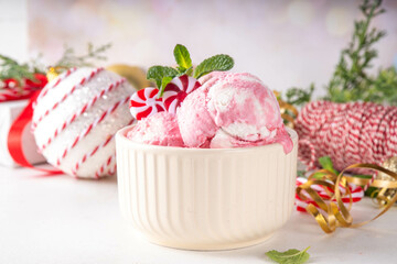 Festive Christmas holiday candy cane peppermint ice cream