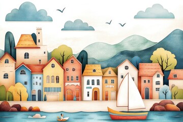 Fototapeta premium A colorful, whimsical illustration of a serene waterfront village featuring charming houses, trees, a sailboat, and distant mountains.