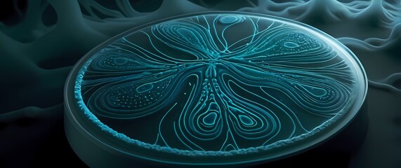 Bacterial growth on a textured agar surface with glowing lines and circular patterns resembling art
