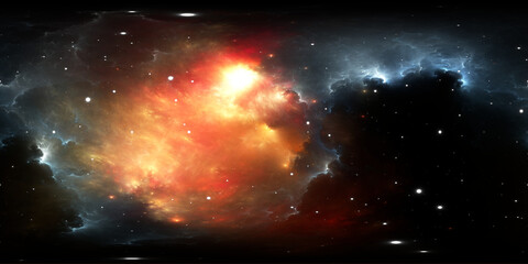 360 degree fantasy space nebula. Giant interstellar cloud with stars, equirectangular projection, environment map. HDRI spherical panorama. No AI tool was used
