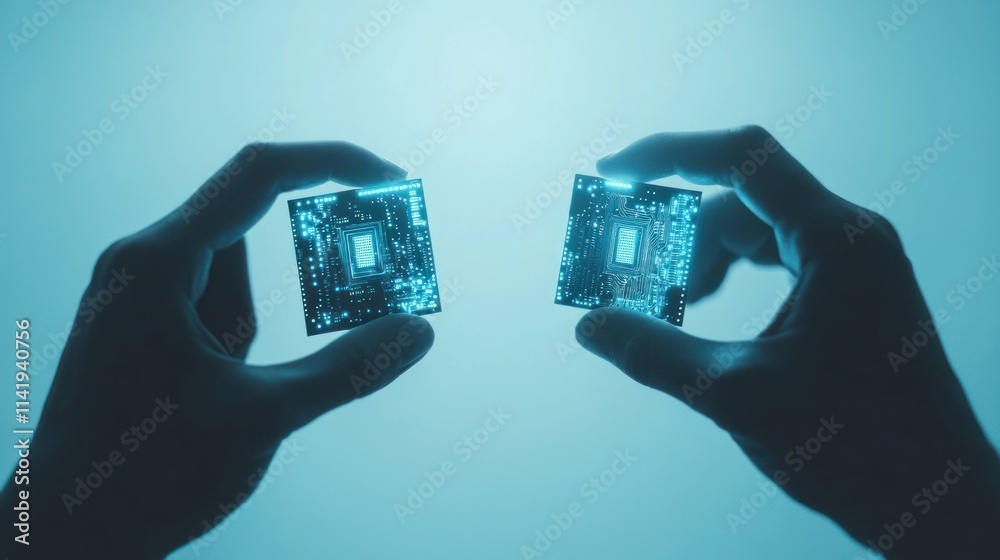 Aufkleber two hands hold lit computer chips.