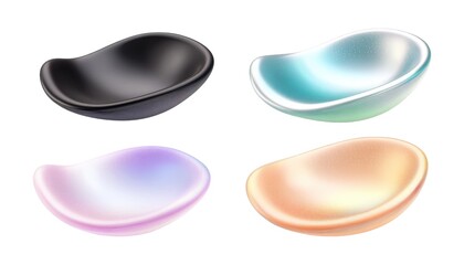 Set of four iridescent bowls in various colors, Isolated on White Background Cutout