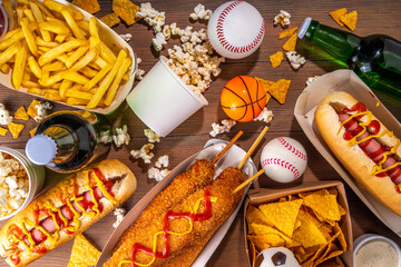 Traditional sport stadium foods and beer background