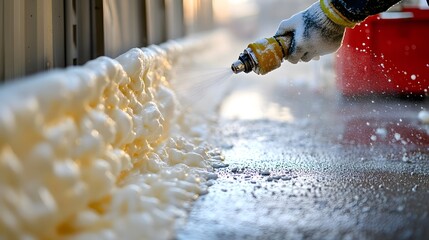 Home insulation is being applied with precision in this visually striking image. The frothy material contrasts beautifully against the metal surface, conveying a sense of innovation.