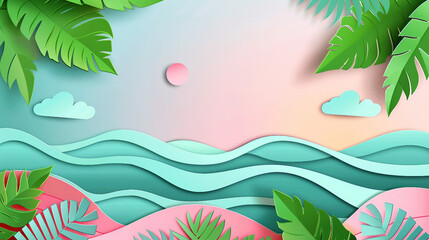 A vibrant summer beach vacation holiday theme featuring tropical paper cut design with palm leaves, sea, mint green sky, and clouds, perfect for conveying relaxation and travel vibes.