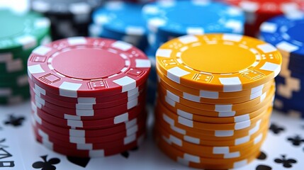 Colorful Casino Poker Chips Stacked Together on Surface with Playing Cards in Background Offering a Vibrant and Engaging Gaming Experience for Enthusiasts