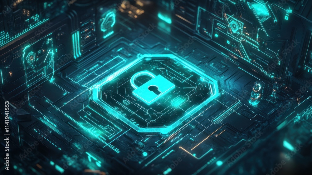 Poster illuminated padlock on circuit board.