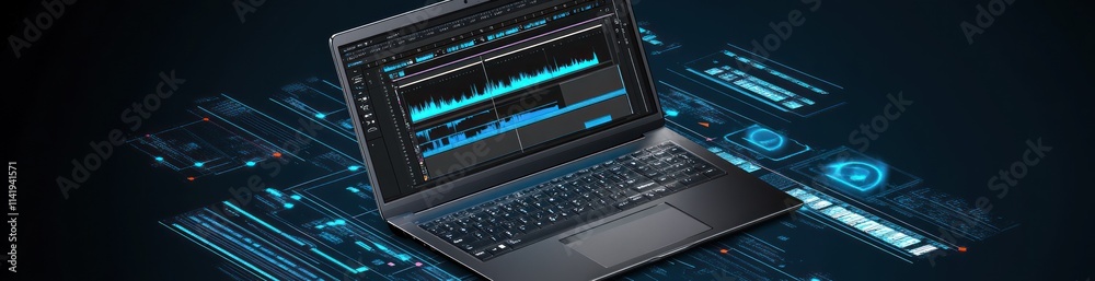 Poster Laptop with data visualization on screen.
