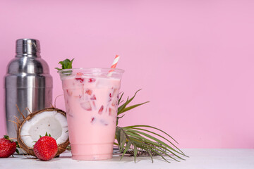 Strawberry coconut milkshake, creamy cocktail drink