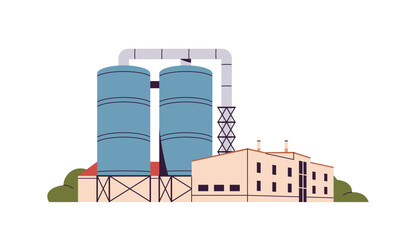 Plant with tanks, bunkers. Factory with cisterns. Sugar manufacturing, dairy manufactory, compound feed production. Heavy, chemical, food industry buildings. Flat isolated vector illustration on white © Paper Trident