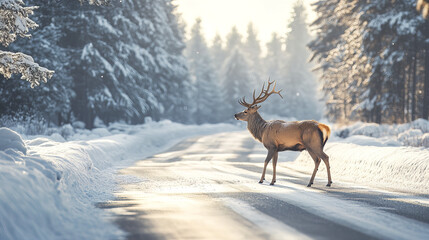 Obraz premium deer crossing snowy road surrounded by trees in winter