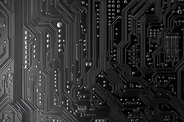 Close-up of a reflective metallic circuit board showcasing intricate patterns and electronic connections, symbolizing technology, innovation, and futuristic design.