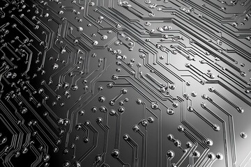 Close-up of a reflective metallic circuit board showcasing intricate patterns and electronic connections, symbolizing technology, innovation, and futuristic design.