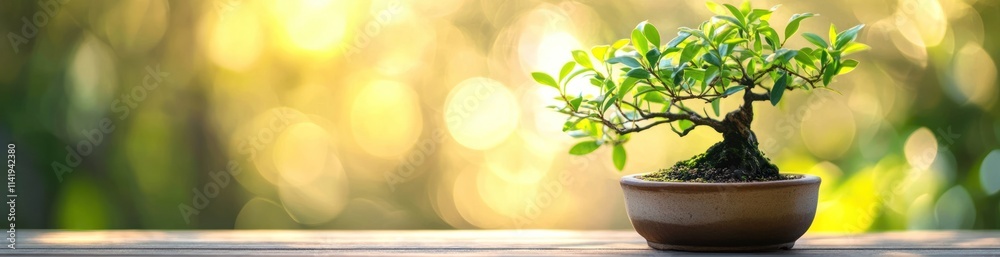Poster bonsai tree in pot with blurred bokeh background.