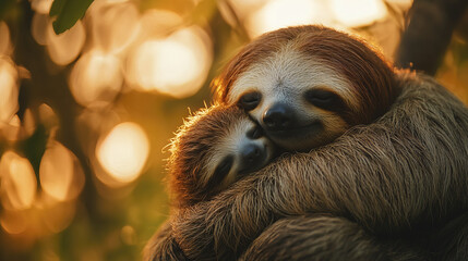 Naklejka premium baby sloth nestled against its parent, showcasing tender moment in nature