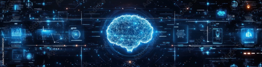 Poster glowing blue brain with circuit board overlay on dark background.