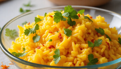 Saffron rice in culinary style in vibrant yellow for gourmet presentation