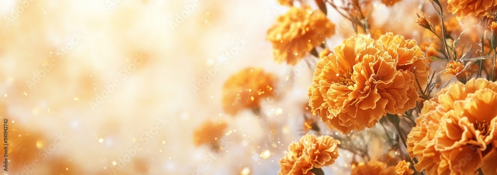 Poster orange marigolds with bokeh lights on a soft background.
