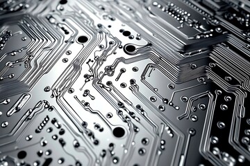 Close-up of a reflective metallic circuit board showcasing intricate patterns and electronic connections, symbolizing technology, innovation, and futuristic design.