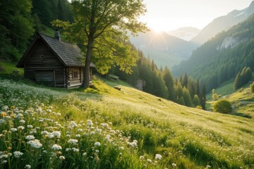 Fototapeta premium A tranquil meadow blanketed in wildflowers, with a small wooden cabin on the lower-left third under soft morning light 