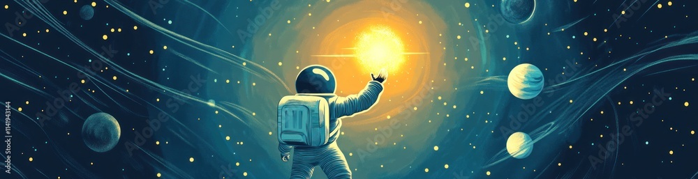 Aufkleber astronaut in space with sun and planets.