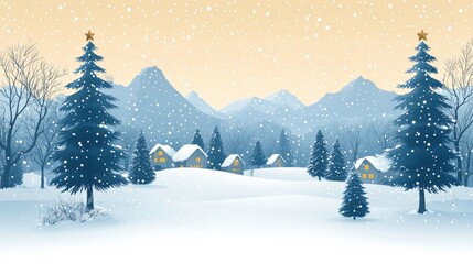Fototapeta premium Snowy Winter Scene with Pine Trees and Cozy Houses in a Serene Mountain Landscape Under a Soft Golden Sky Filled with Falling Snowflakes