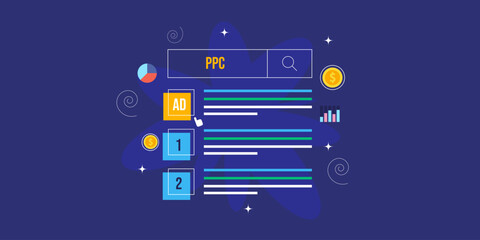 PPC text on search bar, paid advertising contextual link display ahead of organic website, business conversion data, performance analytics, pay per click concept on dark background.