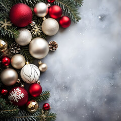 Christmas ornaments and pine branches on a gray background