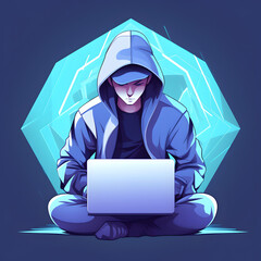 Hooded hacker working on laptop with futuristic digital background