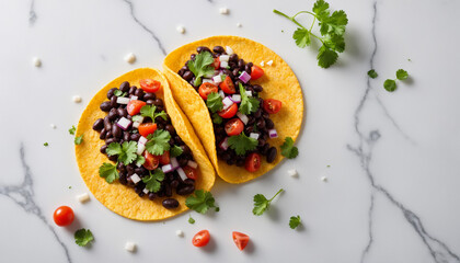 Black bean tacos in a modern minimalist style in white and yellow with copy space