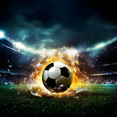 Fiery soccer ball in stadium under dramatic lights