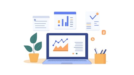 Office workspace with laptop and financial documents for digital marketing 