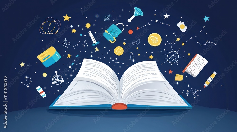 Poster open book with educational and cosmos-related elements floating around it.
