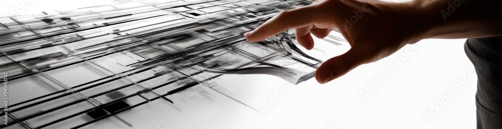 Aufkleber Hand interacts with abstract digital lines on a surface.