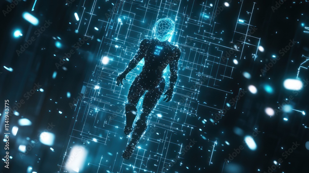 Aufkleber digital humanoid in a luminous network.
