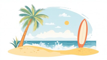 Tropical beach scene with palm tree, surfboard, ocean and sun.