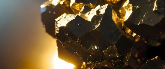 Closeup of iron pyrite its brassy cubic formations gleaming under directed sunlight