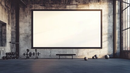 Blank billboard in a rustic gym.