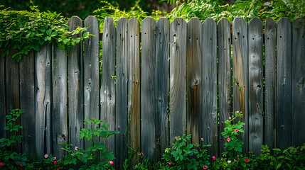 Weathered wooden fence with greenery and flowers