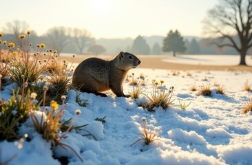 Groundhog day. Groundhog emerged from its burrow