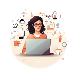 Woman working on laptop in modern abstract illustration