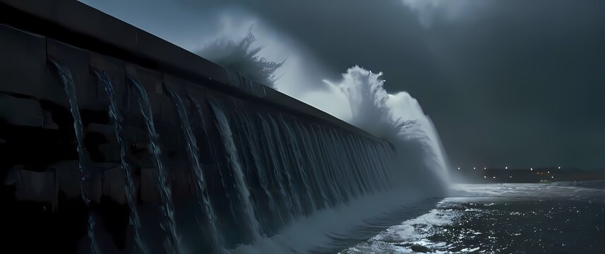 Closeup of water pouring through a dams breached section during a hurricane with debris carried along in the turbulent current