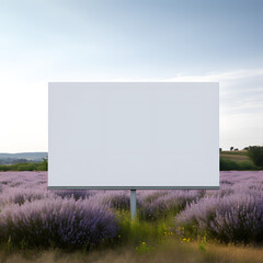 Blank billboard in lavender field under clear sky