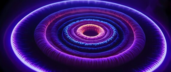 Colonies of bacteria forming concentric growth rings glowing under ultraviolet illumination