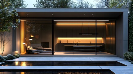 Home insulation plays a crucial role in this modern space, featuring sleek lines and warm lighting that create a cozy, inviting atmosphere.