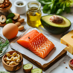 Fresh salmon and healthy keto ingredients on a marble surface